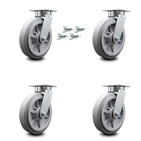 8 Inch Kingpinless Thermoplastic Rubber Wheel Swivel Caster Set with Swivel Lock